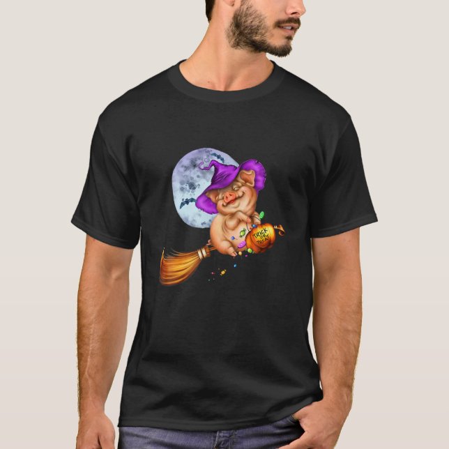 Pig Halloween Pumpkin Witch Hat Halloween Cute Cos T-Shirt (Front)