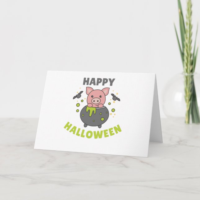 Pig Happy Halloween Cauldron Bat Holiday Card (Front)