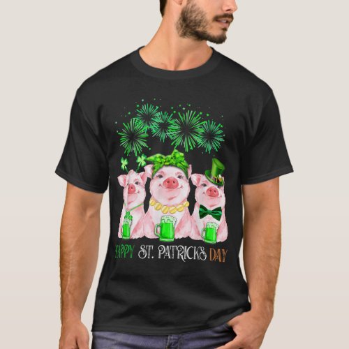 Pig Happy St Patricks Day Beer Firework Farming Lo T_Shirt