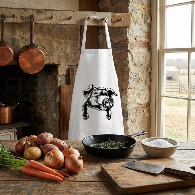 Pig Head Farm Animal Drawing in Black White Adult Apron (Creator Uploaded)