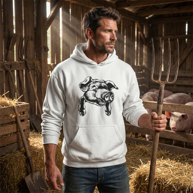 Pig Head Farm Animal Drawing in Black White Hoodie (Creator Uploaded)