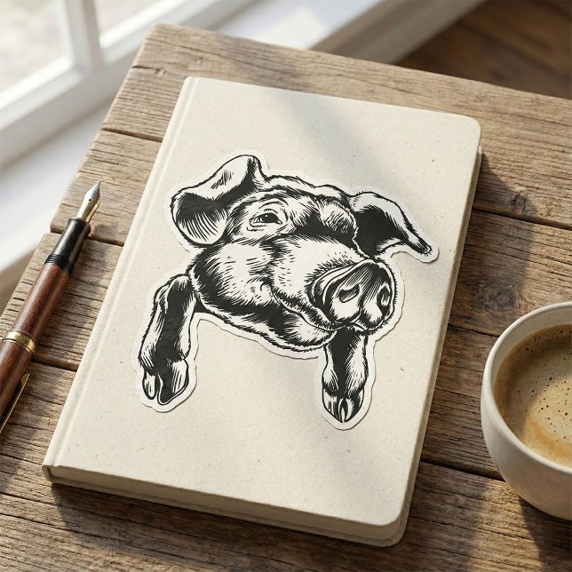 Pig Head Farm Animal Drawing in Black White Square Sticker (Creator Uploaded)