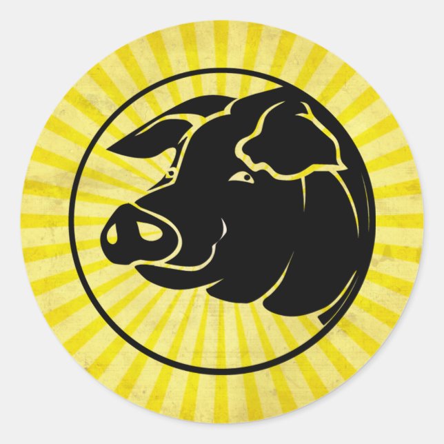 Pig Head; Yellow Classic Round Sticker (Front)