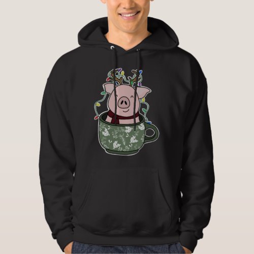 Pig in a Mug Christmas Lights Festive Holiday Cozy Hoodie