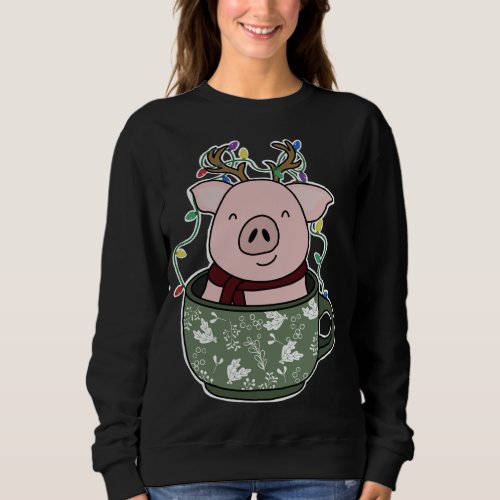 Pig in a Mug Christmas Lights Festive Holiday Cozy Sweatshirt