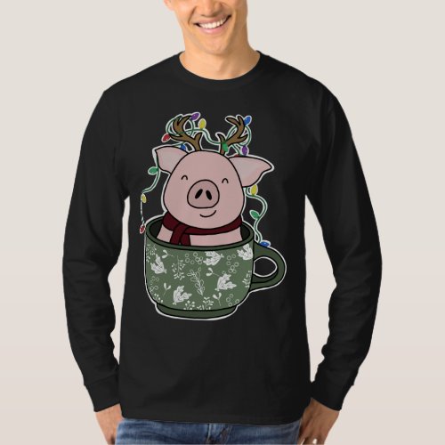 Pig in a Mug Christmas Lights Festive Holiday Cozy T_Shirt