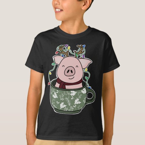 Pig in a Mug Christmas Lights Festive Holiday Cozy T_Shirt