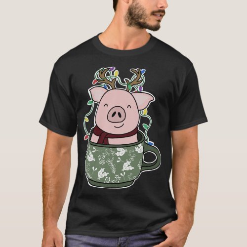 Pig in a Mug Christmas Lights Festive Holiday Cozy T_Shirt