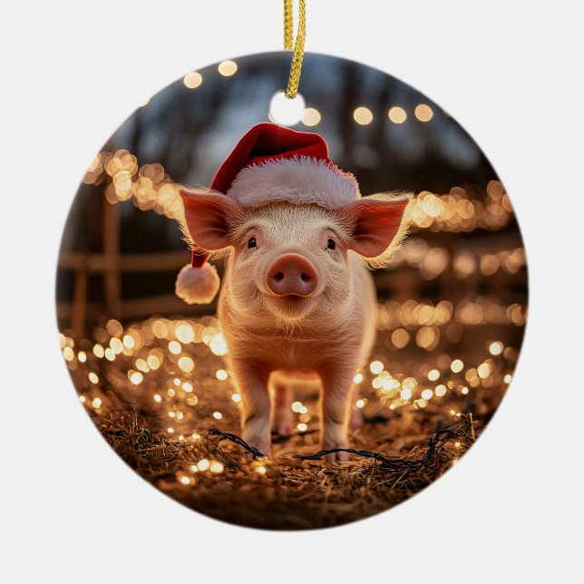 Pig in a Santa Hat Ceramic Ornament (Front)