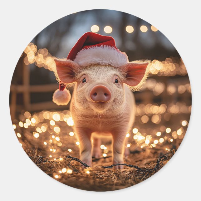 Pig in a Santa Hat Classic Round Sticker (Front)