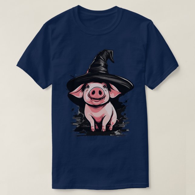 Pig in a witch hat halloween piggy T-Shirt (Design Front)