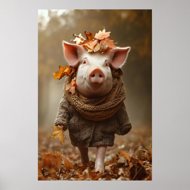 Pig in Fall Clothes Art Print, Rustic Autumn Home Poster (Front)