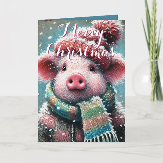 Pig in Scarf Snowflakes Personalized Christmas Card (Front)