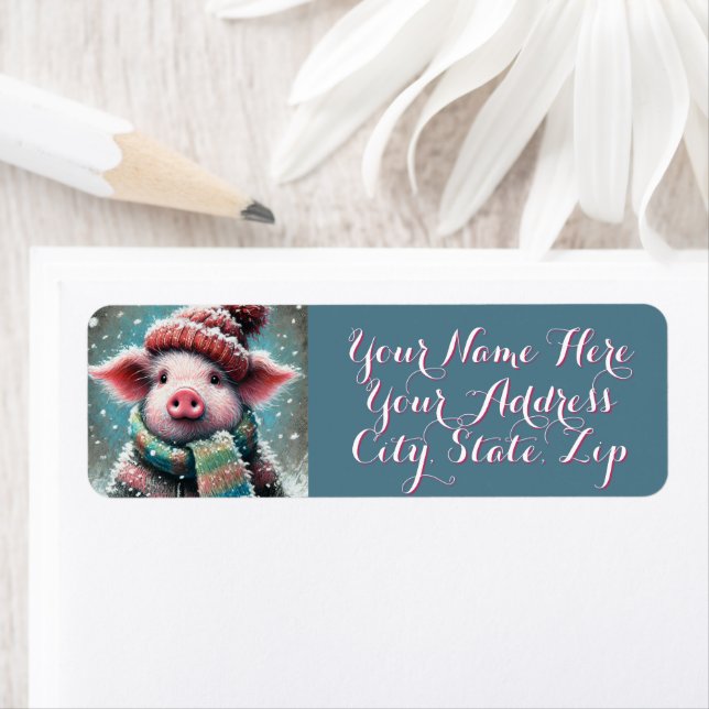 Pig in Scarf Snowflakes Personalized Christmas Label (Insitu)