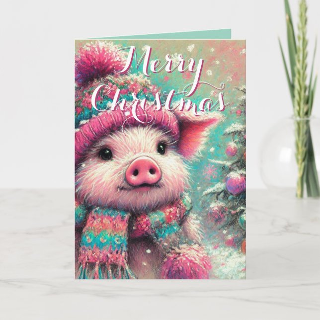 Pig in Scarf – Whimsical Snowflake Holiday  Card (Front)