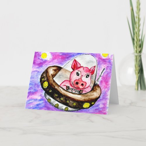 Pig in spaceship holiday card