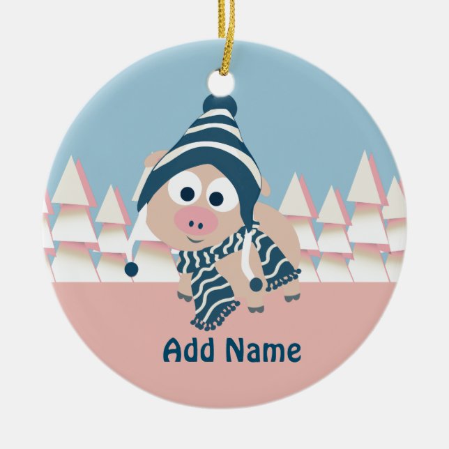 Pig in Winter Ceramic Ornament (Front)