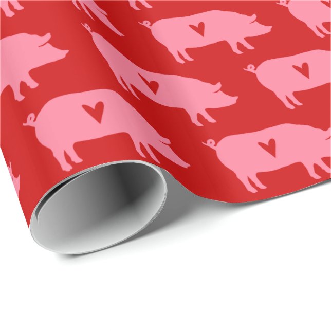 Pig Love - Pig Silhouettes with Hearts Pattern Wrapping Paper (Roll Corner)