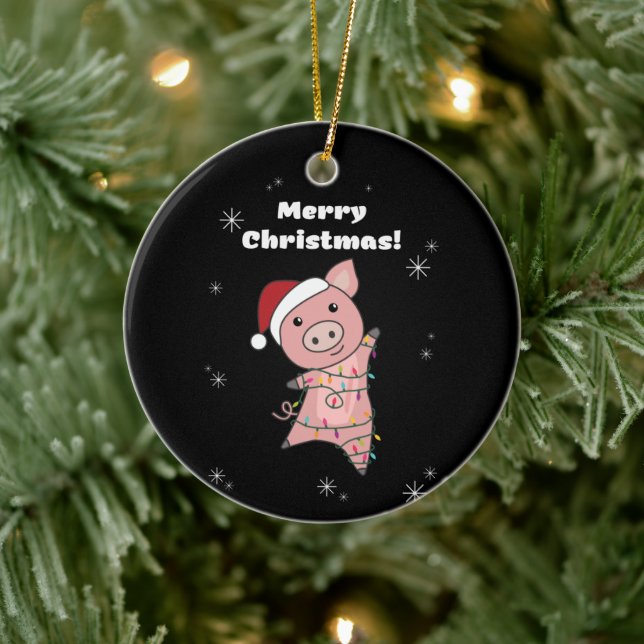 Pig Merry Christmas Animals Pigs Adult Cloth Face  Ceramic Ornament (Tree)