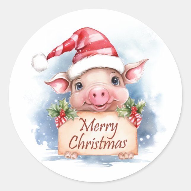 Pig Merry Christmas Classic Round Sticker (Front)