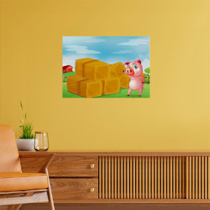 Pig On A Farm Hay Bales Poster