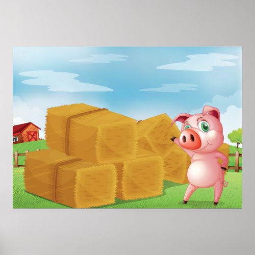 Pig On A Farm Hay Bales Poster