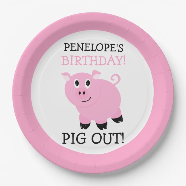 Pig Out It's A Party Pink Personalized Party Paper Plates (Front)