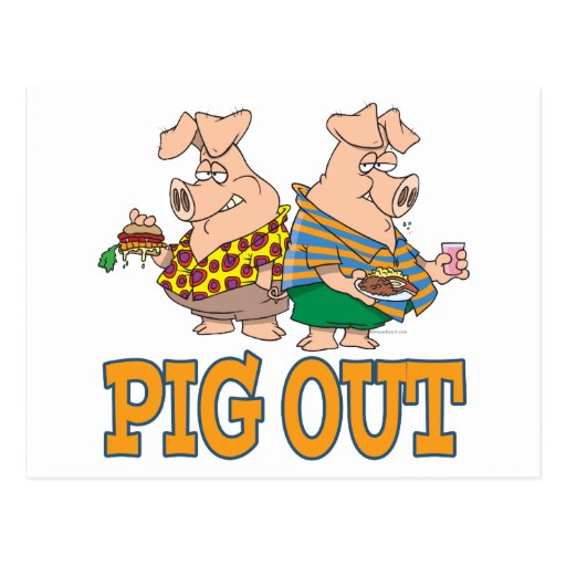 PIG OUT PIG FOOD CARTOON POSTCARD | Zazzle