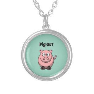 Pig Out Pink Pig Cartoon, Funny BBQ Hog Design Silver Plated Necklace