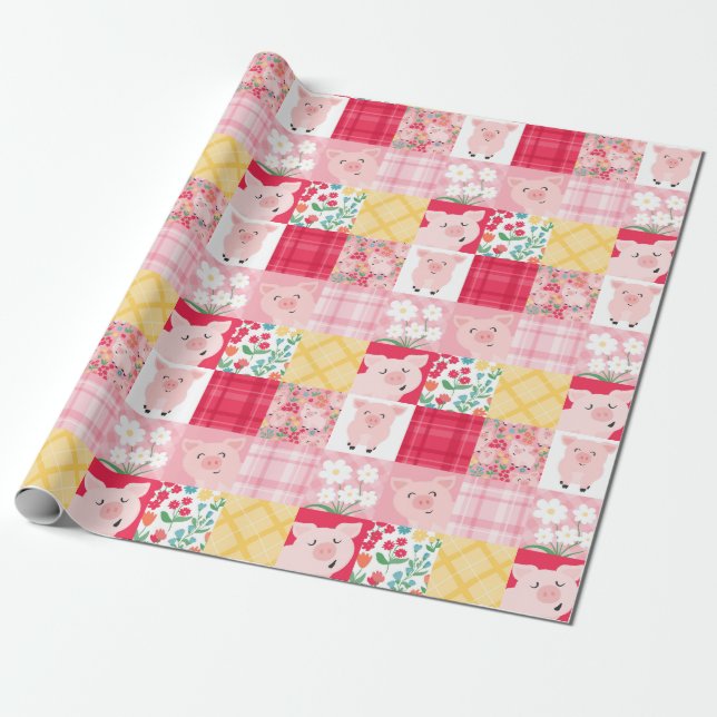 Pig Patchwork Floral Rustic Birthday Party Wrapping Paper (Unrolled)