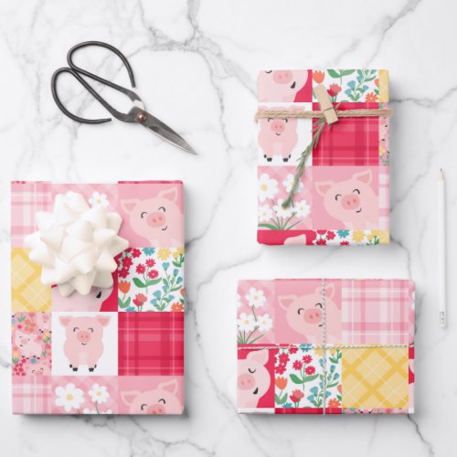 Pig Patchwork Floral Rustic Birthday Party Wrapping Paper Sheets