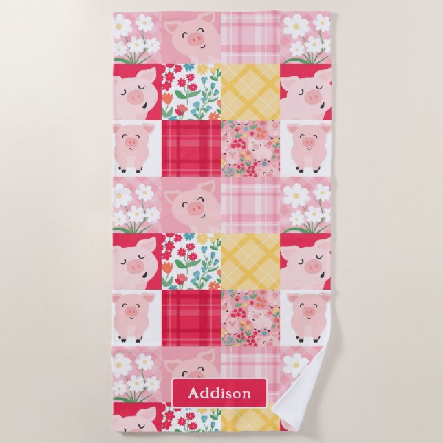 Pig Patchwork Floral Rustic Personalized Beach Towel (Front)
