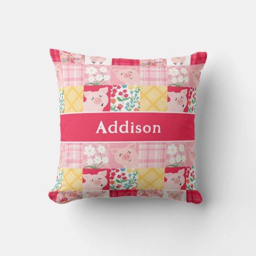 Pig Patchwork Floral Rustic Personalized Throw Pillow