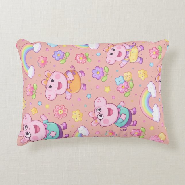 Pig Pattern Throw Pillow | Kawaii Cartoon Animal  (Front)