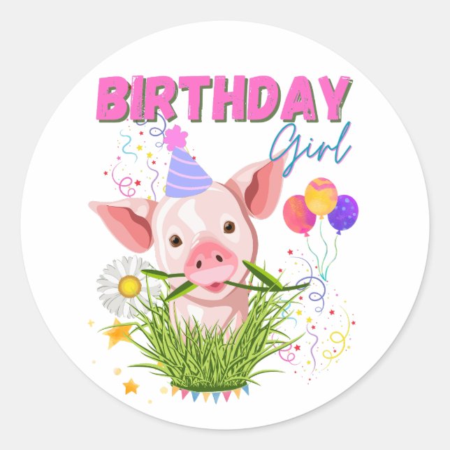Pig Piggy Birthday Pink Girl Animals Lovers  Classic Round Sticker (Front)