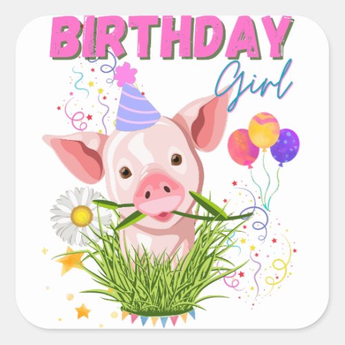 Pig Piggy Birthday Pink Girl Animals Lovers  Square Sticker