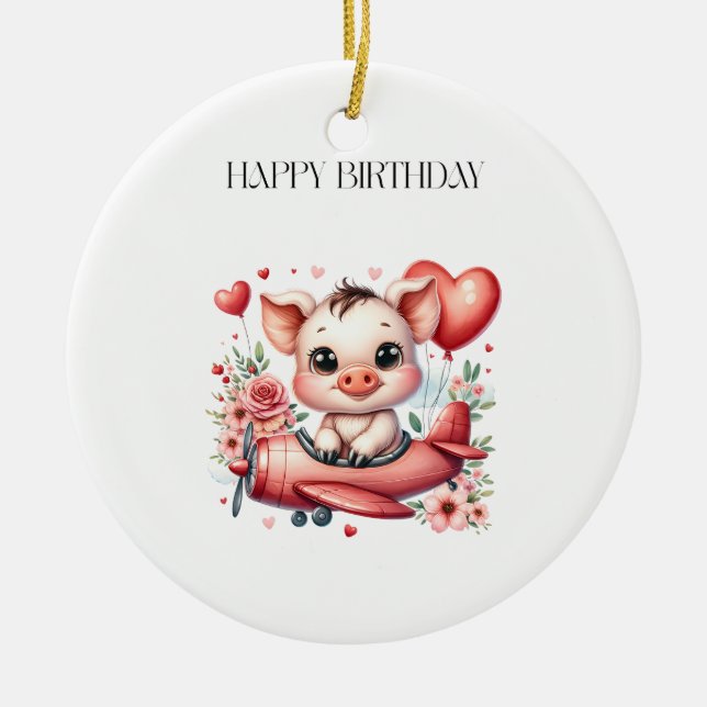 Pig Pilot Birthday Ceramic Ornament (Front)