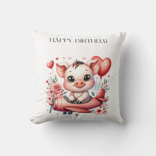Pig Pilot Birthday Throw Pillow (Front)