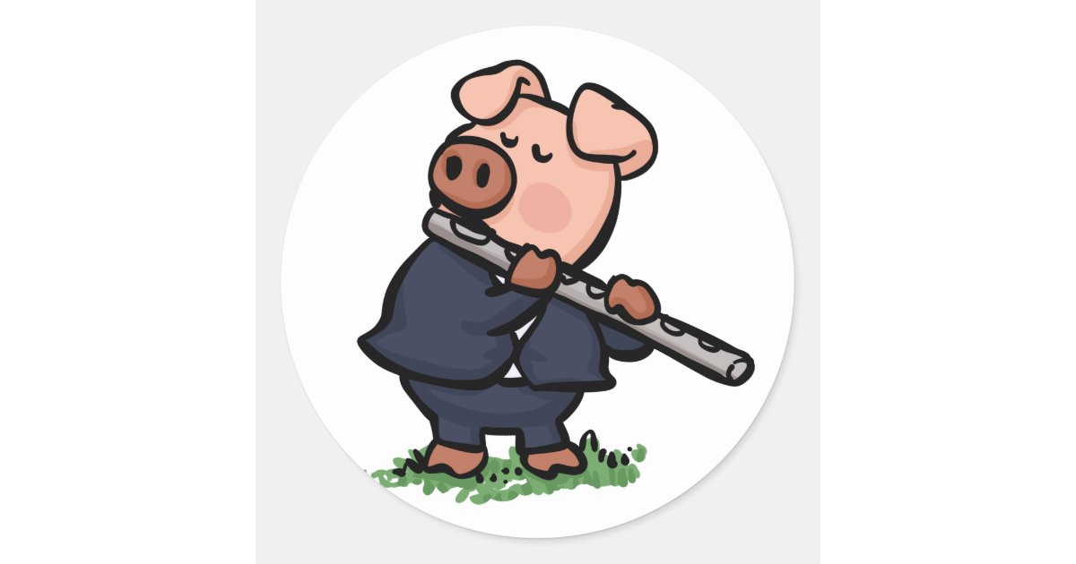Pig playing flute cartoon classic round sticker | Zazzle