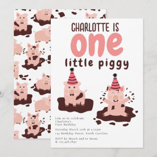 Pig Playing in Mud Little Piggy First 1st Birthday Invitation