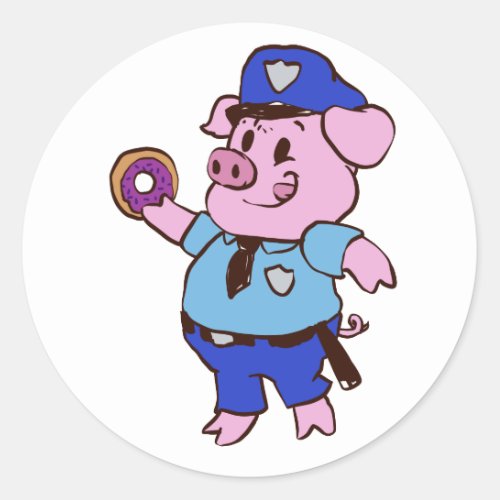 Pig policeman eating a donut  choose back color classic round sticker