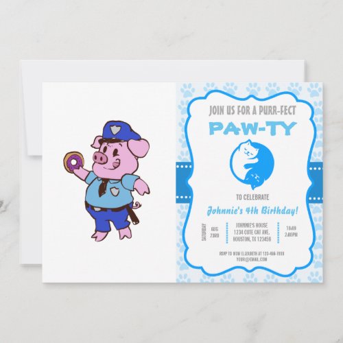 Pig policeman eating a donut  choose back color invitation