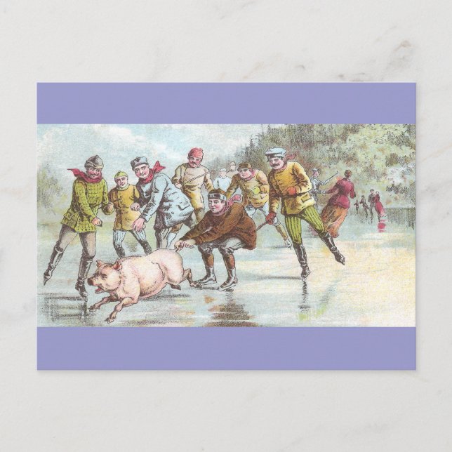 Pig Pulls Ice Skater Across Pond Postcard (Front)