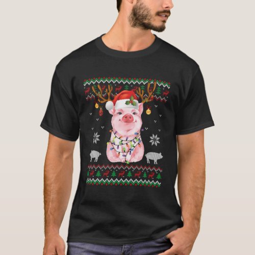 Pig Reindeer Santa Light Ugly T_Shirt