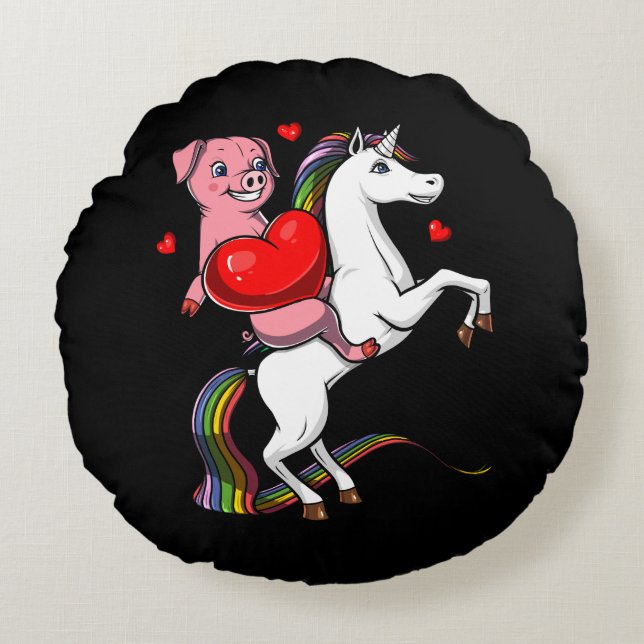 Pig Riding Magical Unicorn Cute Farm Animal Round Pillow (Front)