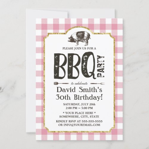 Pig Roast BBQ Birthday Party Pink Plaid Invitation