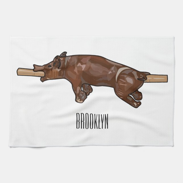 Pig roast / hog roast cartoon illustration kitchen towel (Horizontal)