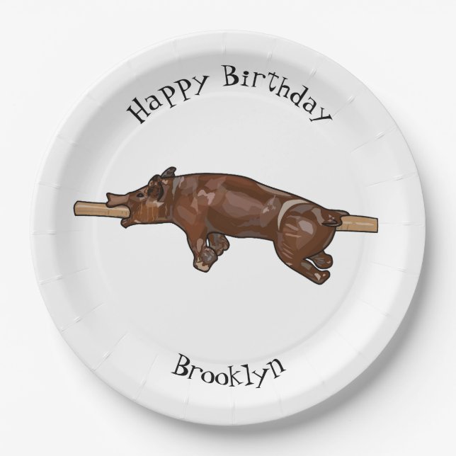 Pig roast / hog roast cartoon illustration paper plates (Front)