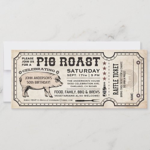 Pig Roast Ticket Invitations with Raffle Ticket v1