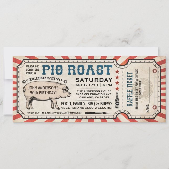 Pig Roast Ticket Invitations with Raffle Ticket v2 (Front)